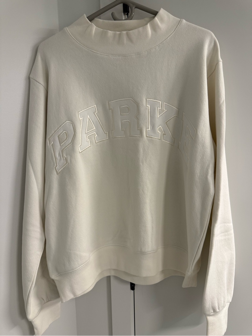 Parker Cream Crewneck Sweater with Raised 'PARK' Logo